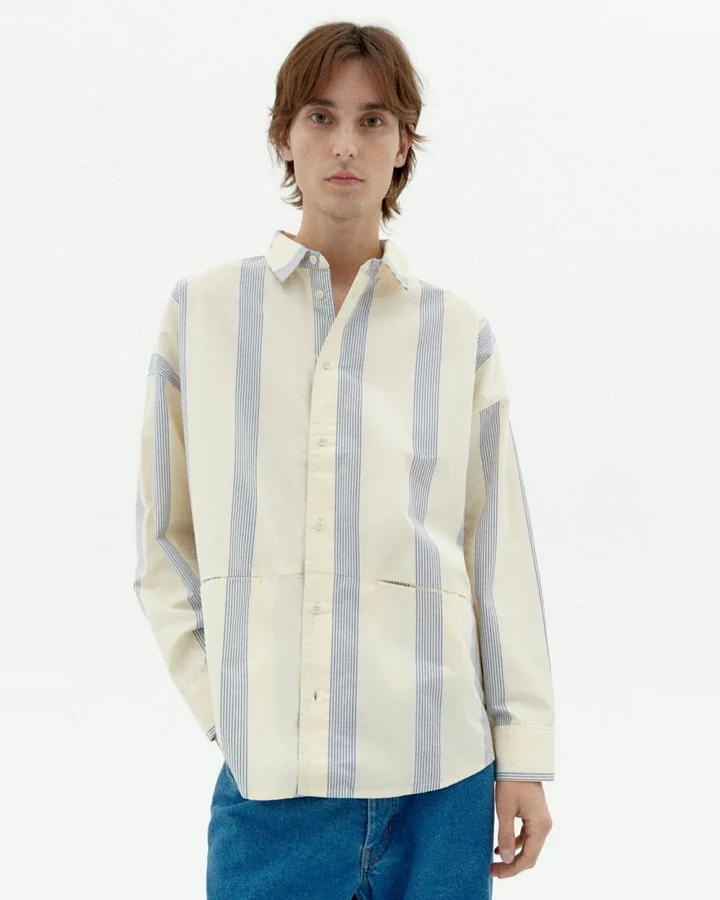 Thinking MU Herren vegan Hemd Jim Popeline Gestreift Blau/ Creme