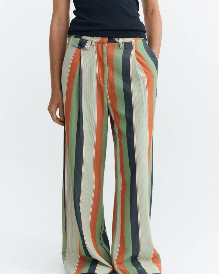 Thinking MU Damen vegan Hose Weites Bein Low Rise Pat Multicolor Gestreift