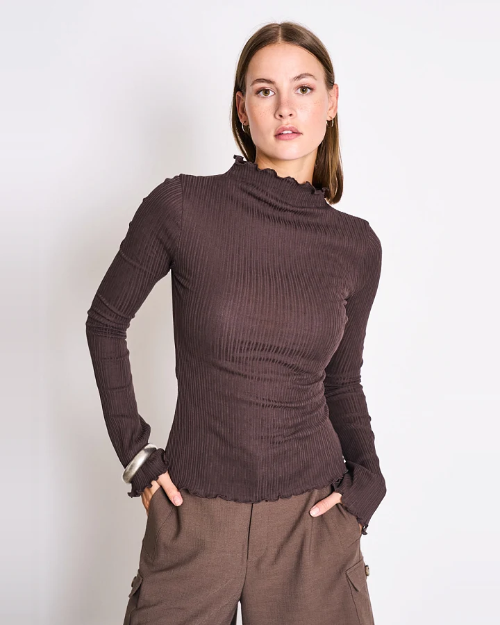JAN 'N JUNE Damen vegan Langarmshirt Mit Erhöhtem Kragen Canna Mud Brown