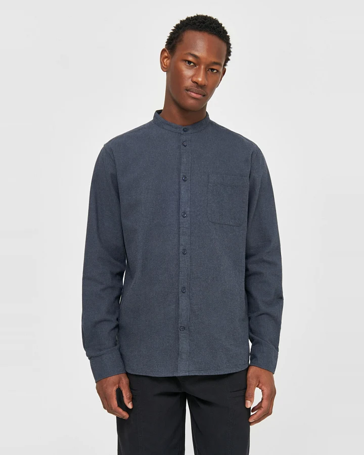 KnowledgeCotton Apparel Herren vegan Hemd Stehkragen Regular Melange Total Eclipse