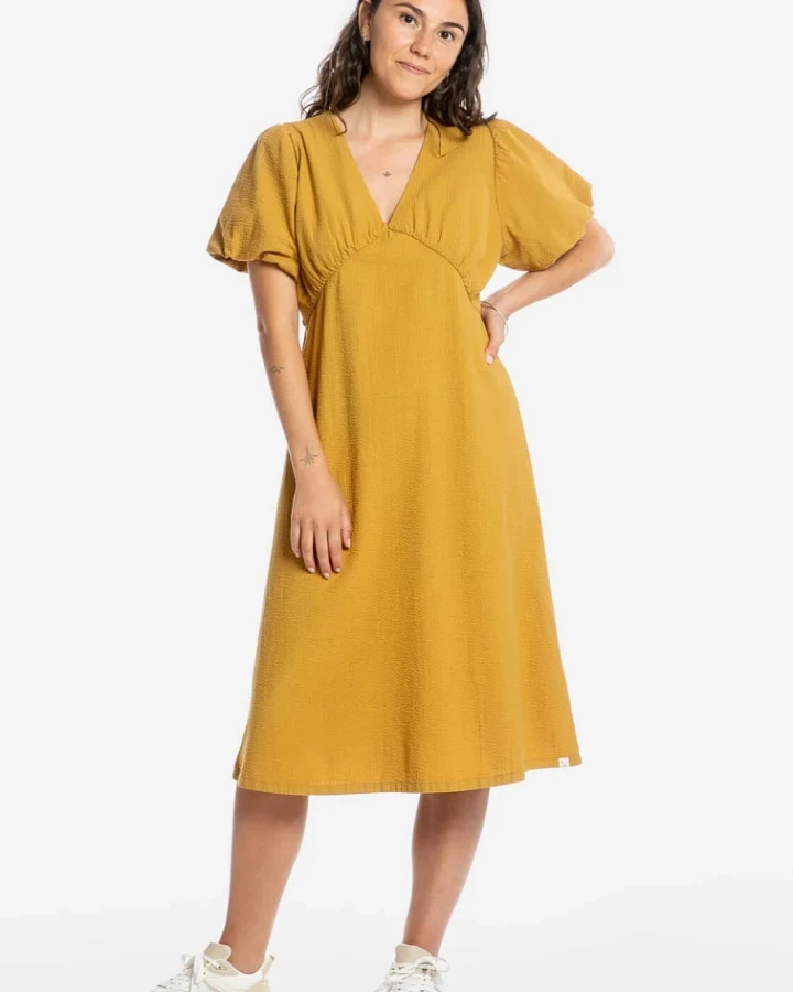 MATONA Damen vegan Kleid V-Ausschnitt Dunkelgelb