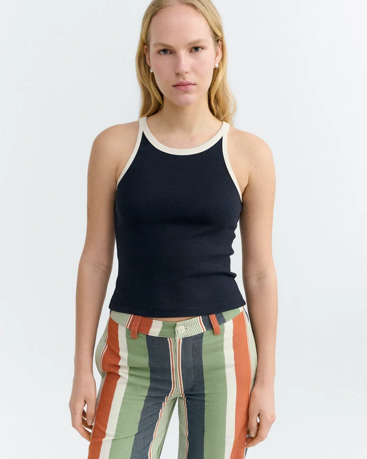 Thinking MU Damen vegan Top Harriet Marineblau Weiß Contrast