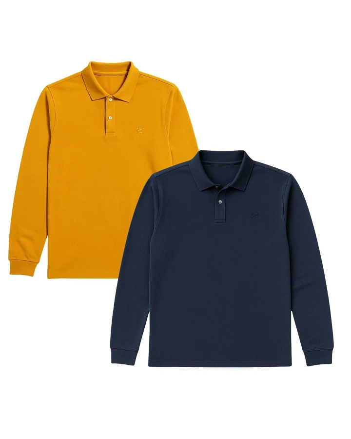 GORG Herren vegan Multipack 2x Poloshirts Lange Ärmel Marine/Senfgelb