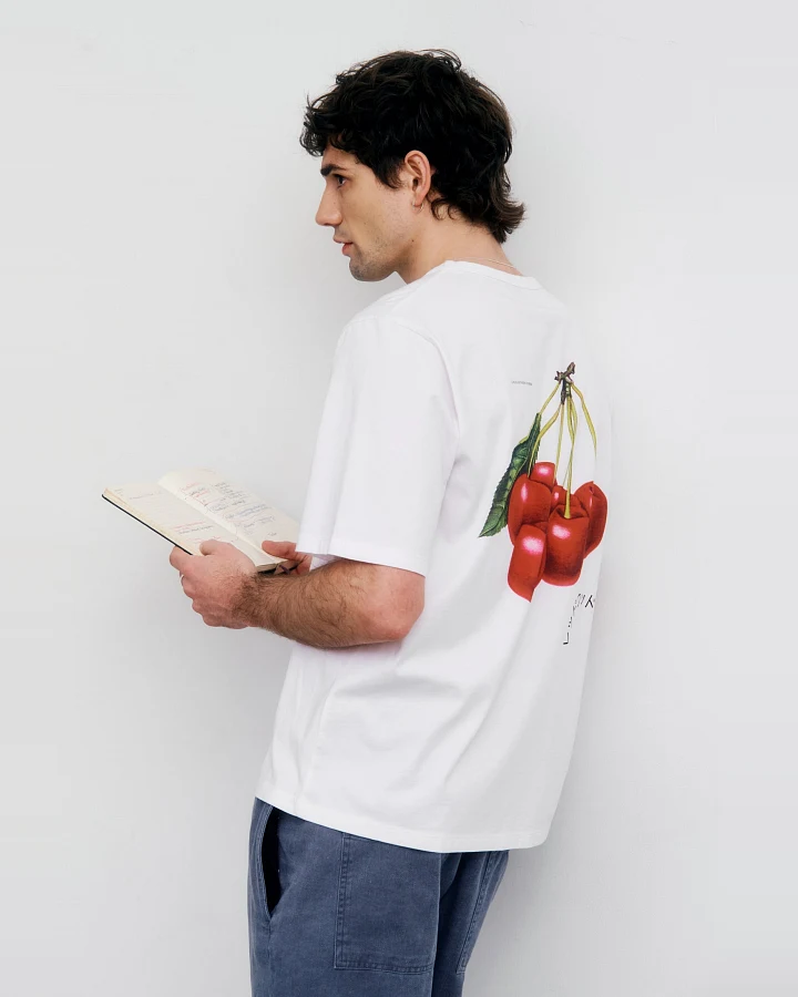 Rotholz Herren vegan T-Shirt Cherry Print Klassisch Weiß