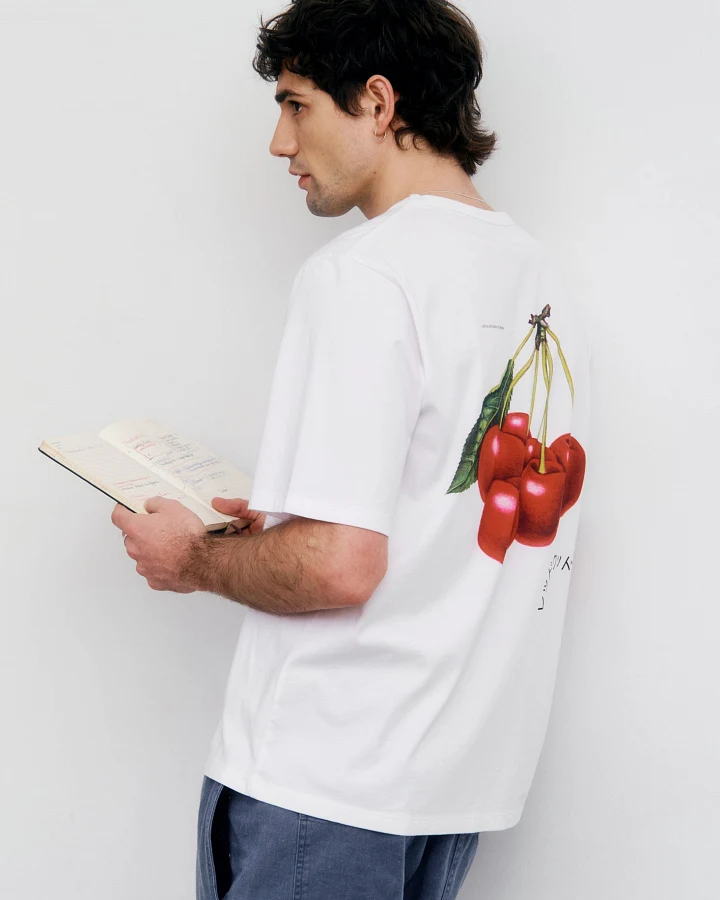 Rotholz Herren vegan T-Shirt Cherry Print Klassisch Weiß