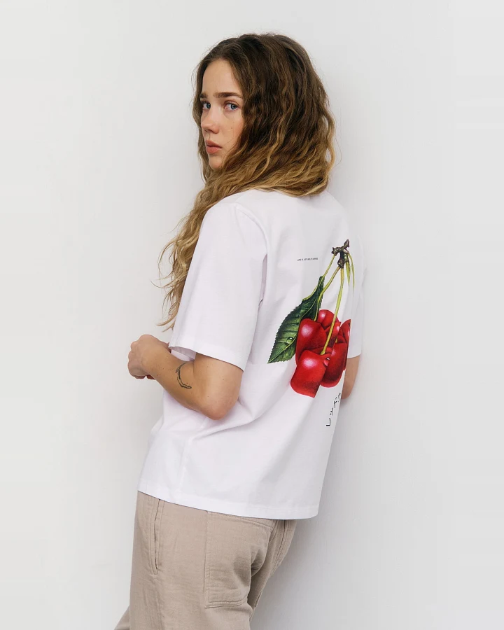 Rotholz Damen vegan T-Shirt Cherry Print Klassisch Weiß