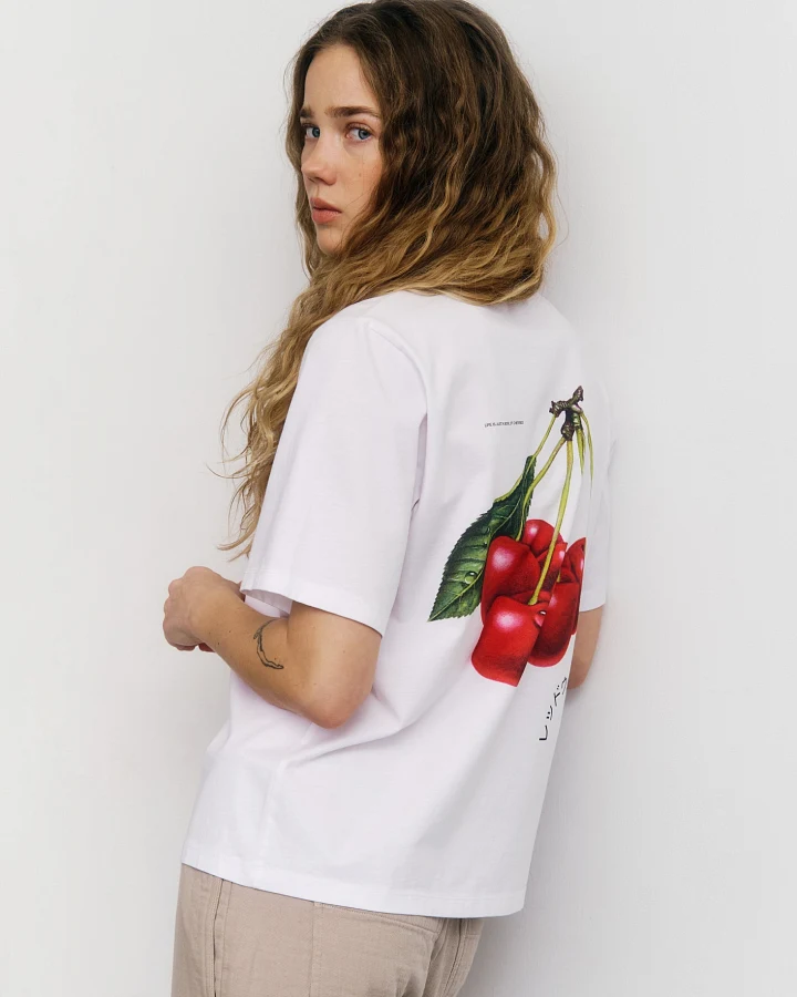 Rotholz Damen vegan T-Shirt Cherry Print Klassisch Weiß