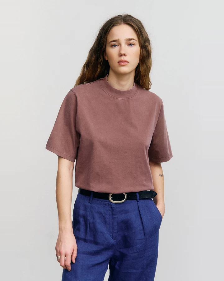 Rotholz Damen vegan T-Shirt Breiter Kragen Verblasst Braun