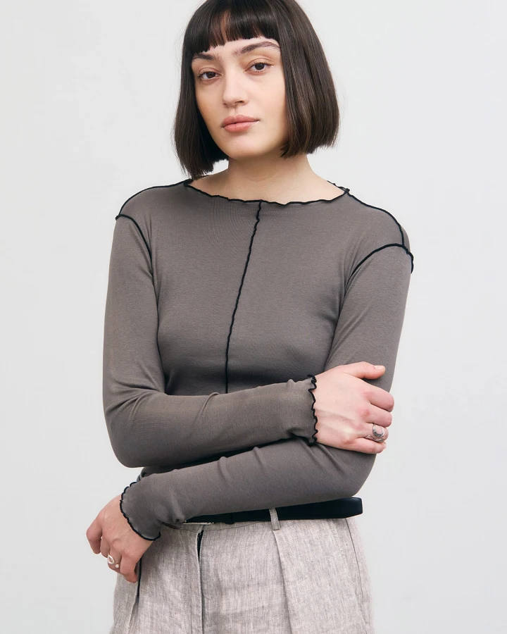 Rotholz Damen vegan Langarmhemd Pin Tucked Fawn Grau