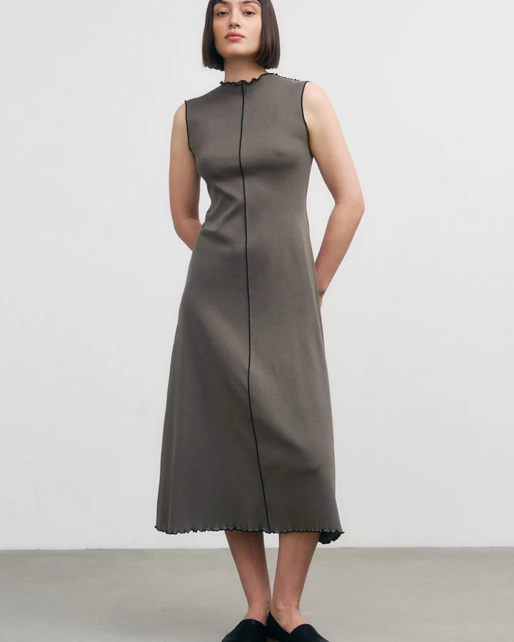Rotholz Damen vegan Kleid Pin Tucked Fawn Grau