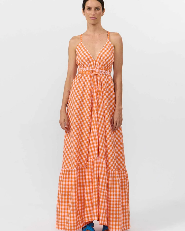 SUITE13LAB Damen vegan Kleid Mp Lang Karo Orange