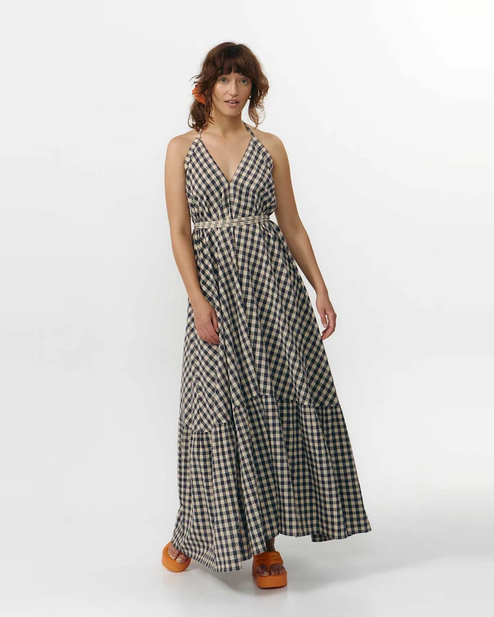 SUITE13LAB Damen vegan Kleid Mp Lang Karo Grau