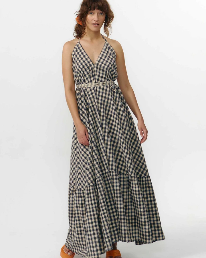 SUITE13LAB Damen vegan Kleid Mp Lang Karo Grau