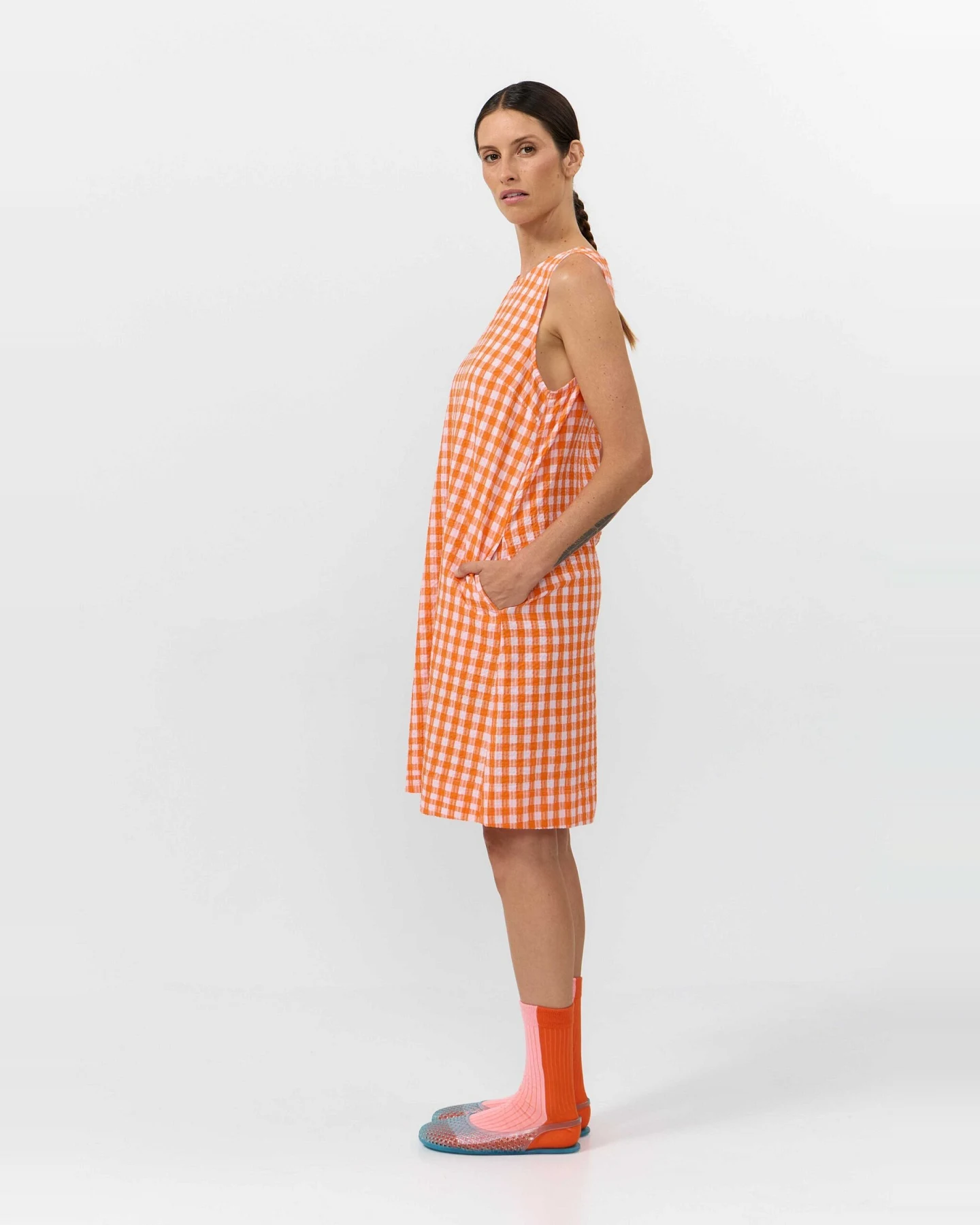 SUITE13LAB Damen vegan Kleid Lena Check Orange – Ansicht 2