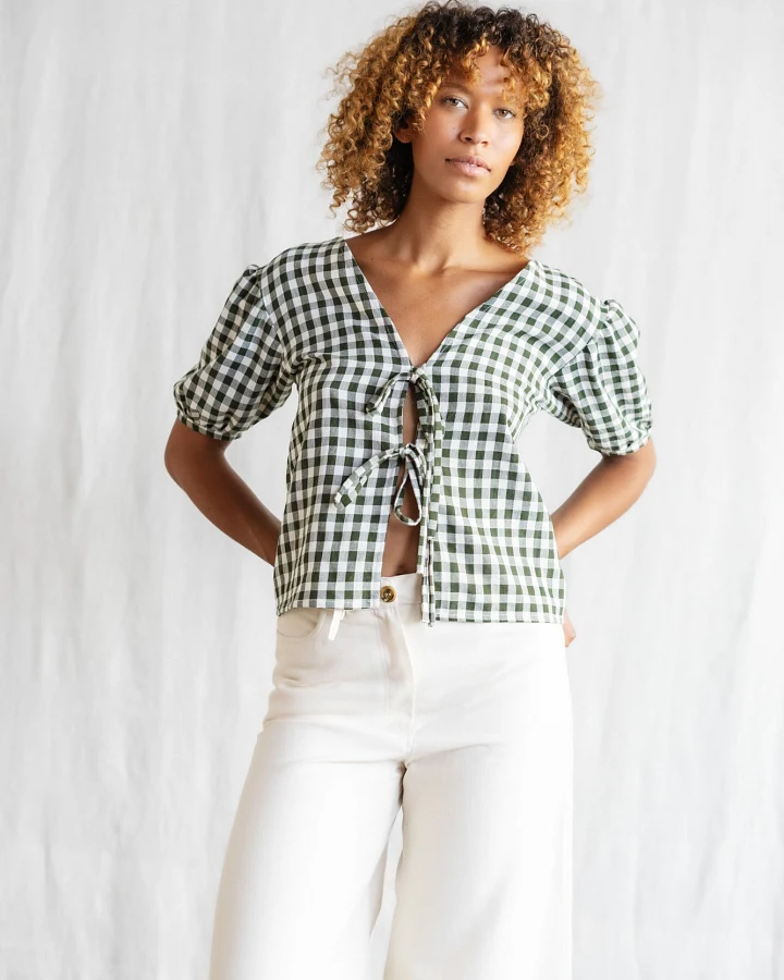Jyoti - Fair Works Damen vegan Bluse KALira Karos Grün/Weiß