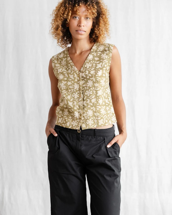Jyoti - Fair Works Damen vegan Top Chatania Blockdruck Grün