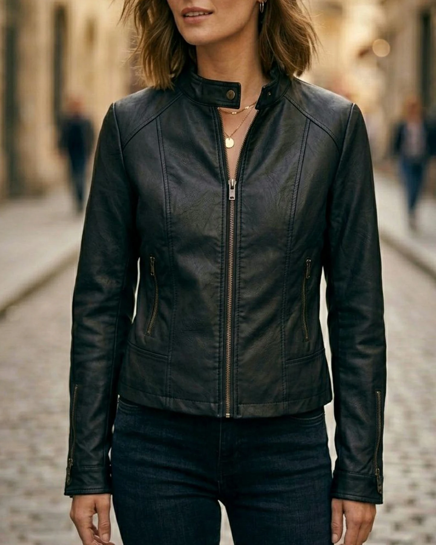 Will's Vegan Store Damen vegan Vegane Lederjacke Racer Schwarz – Ansicht 2