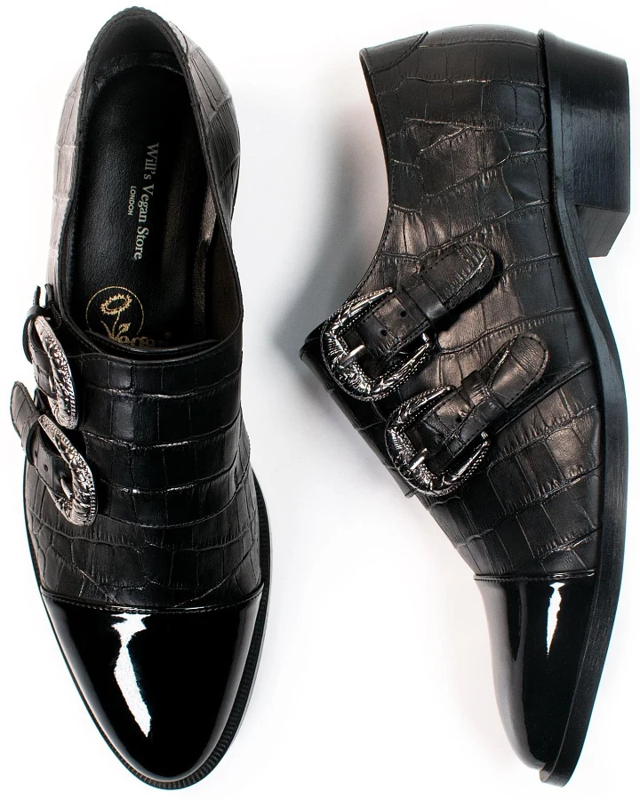 Will's Vegan Store Damen vegan Monk Straps Fake Kroko Schwarz