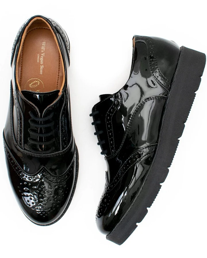 Will's Vegan Store Damen vegan Brogues Flatform Lack Schwarz