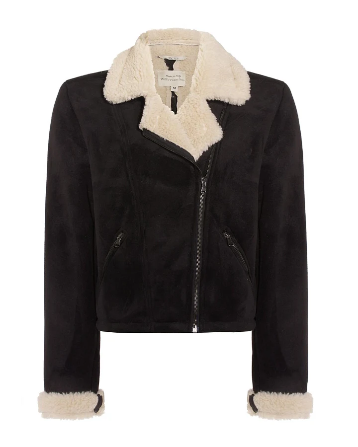 Will's Vegan Store Damen vegan Motorradjacke Schwarz Vegan Wildleder Vegan Shearling
