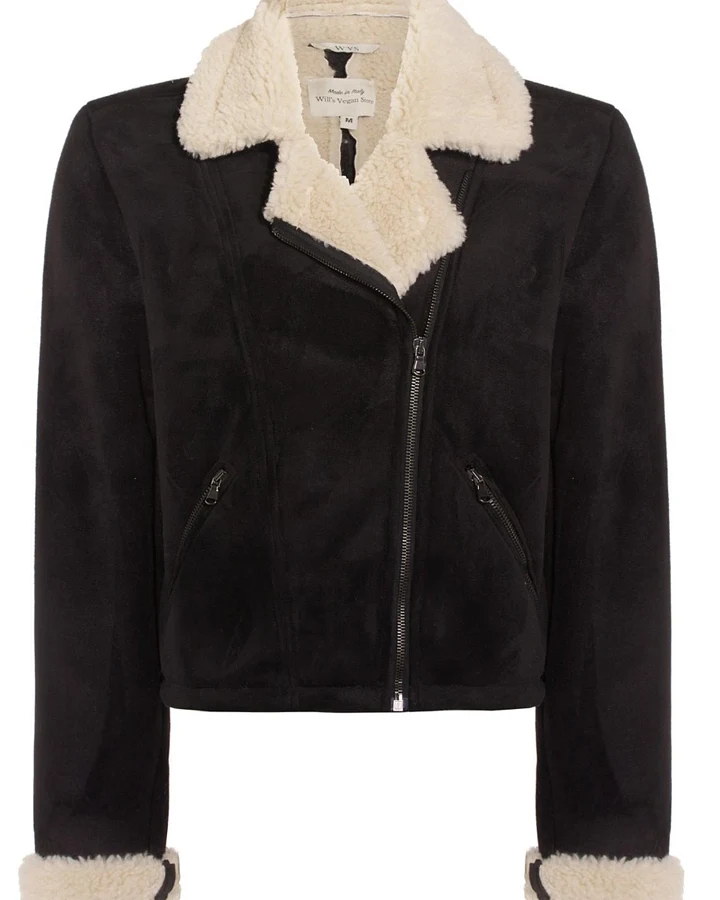 Will's Vegan Store Damen vegan Motorradjacke Schwarz Vegan Wildleder Vegan Shearling