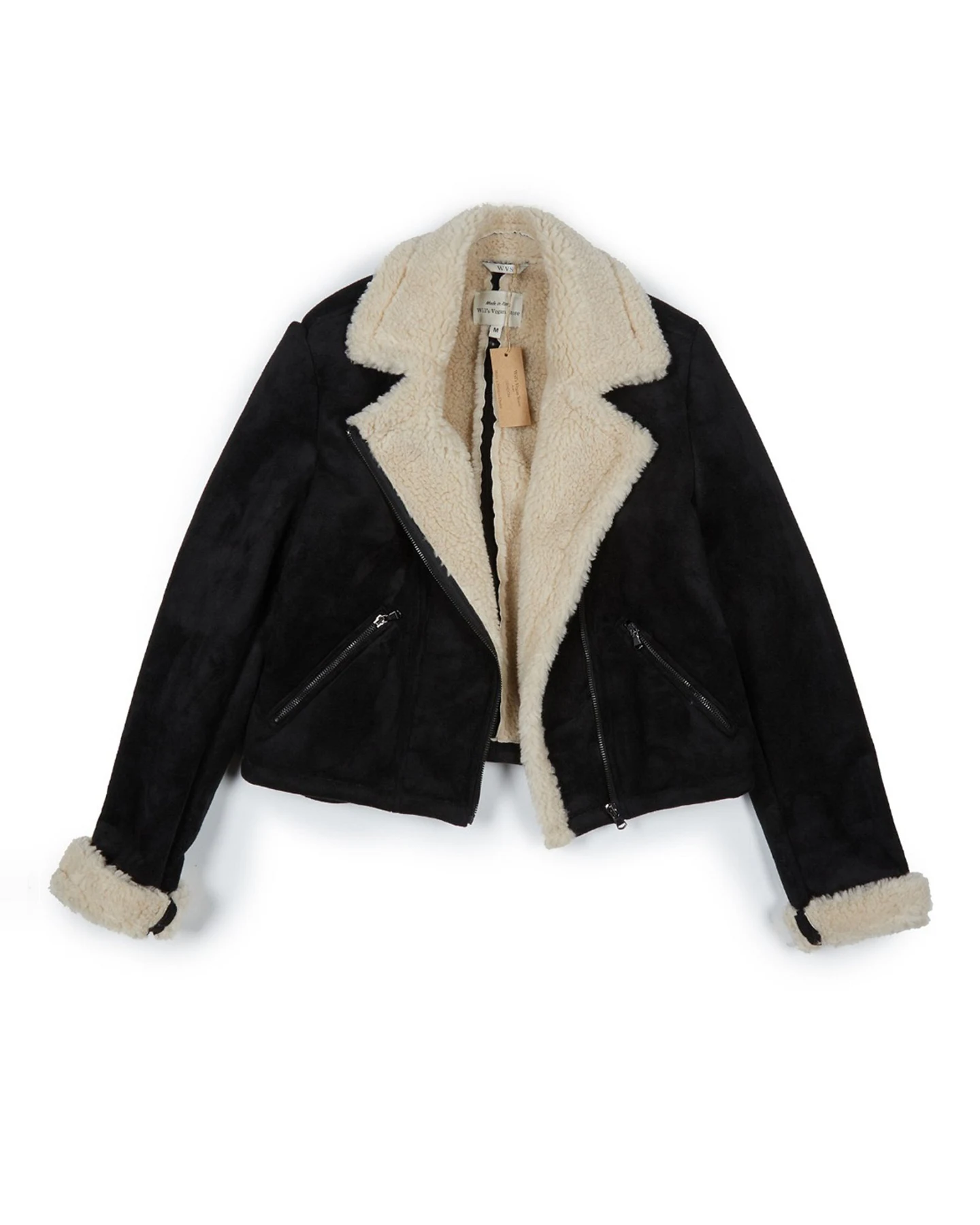 Will's Vegan Store Damen vegan Motorradjacke Schwarz Vegan Wildleder Vegan Shearling – Ansicht 2