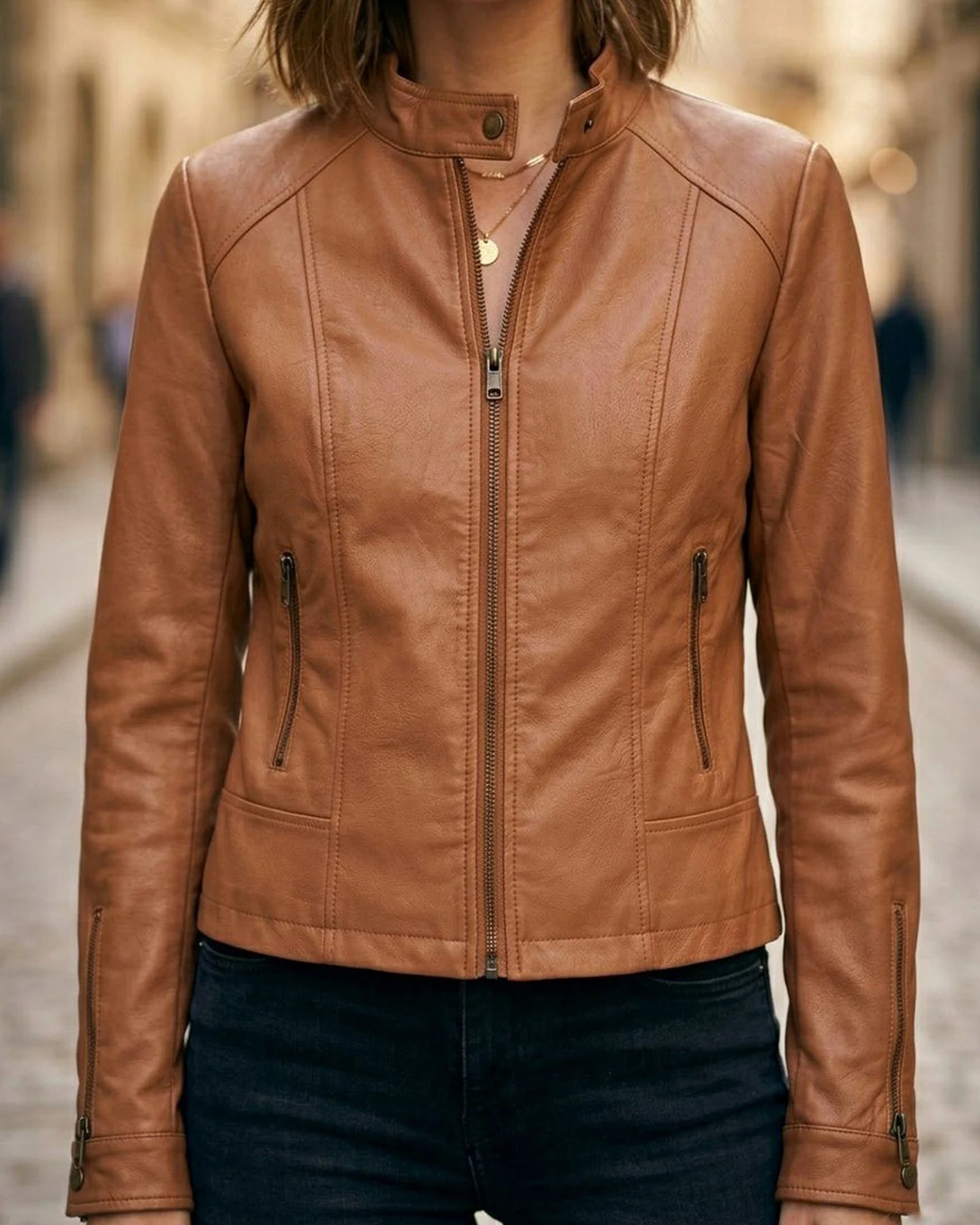 Will's Vegan Store Damen vegan Jacke Racer Kunstleder Braun – Ansicht 2
