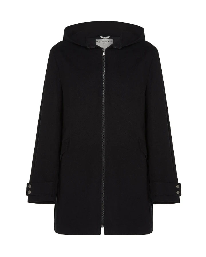 Will's Vegan Store Damen vegan Mantel Aus Veganer Wolle Mit Kapuze Schwarz