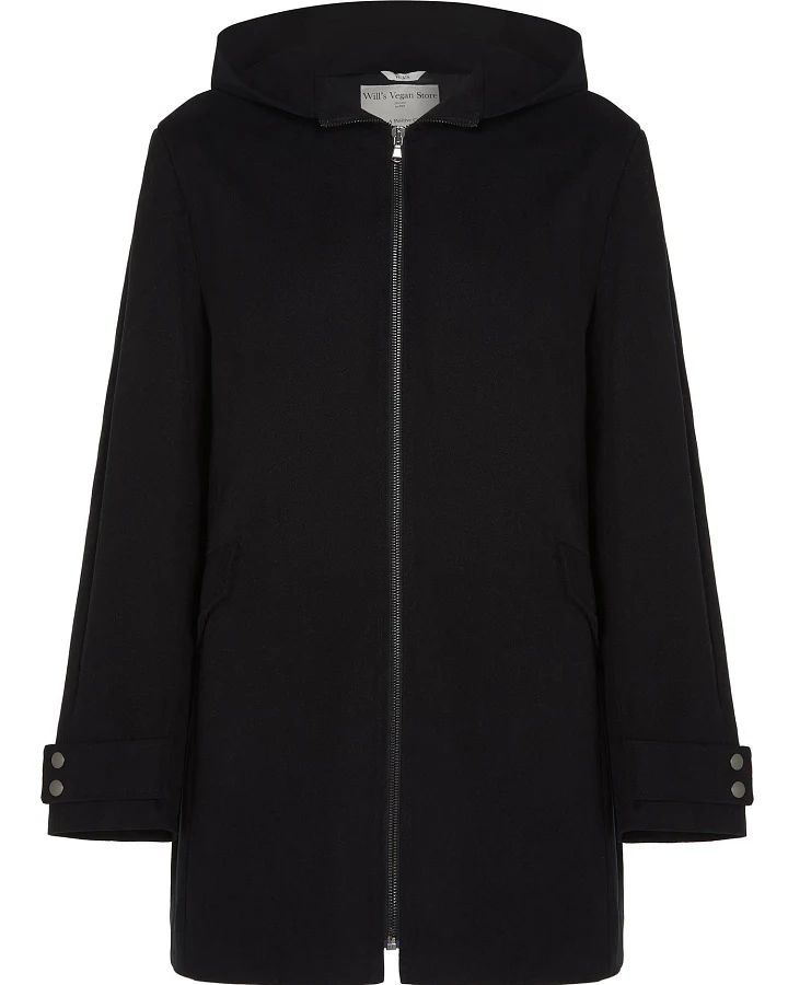 Will's Vegan Store Damen vegan Mantel Aus Veganer Wolle Mit Kapuze Schwarz