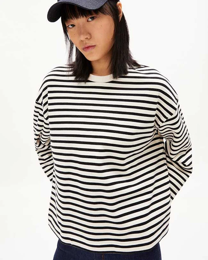 ARMEDANGELS Damen vegan Sweatshirt Frankaa Stripe Schwarz Off White