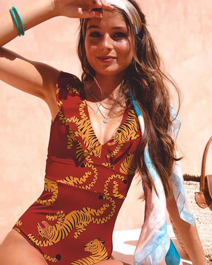 Averie Damen vegan Badeanzug Andra Rot Tiger