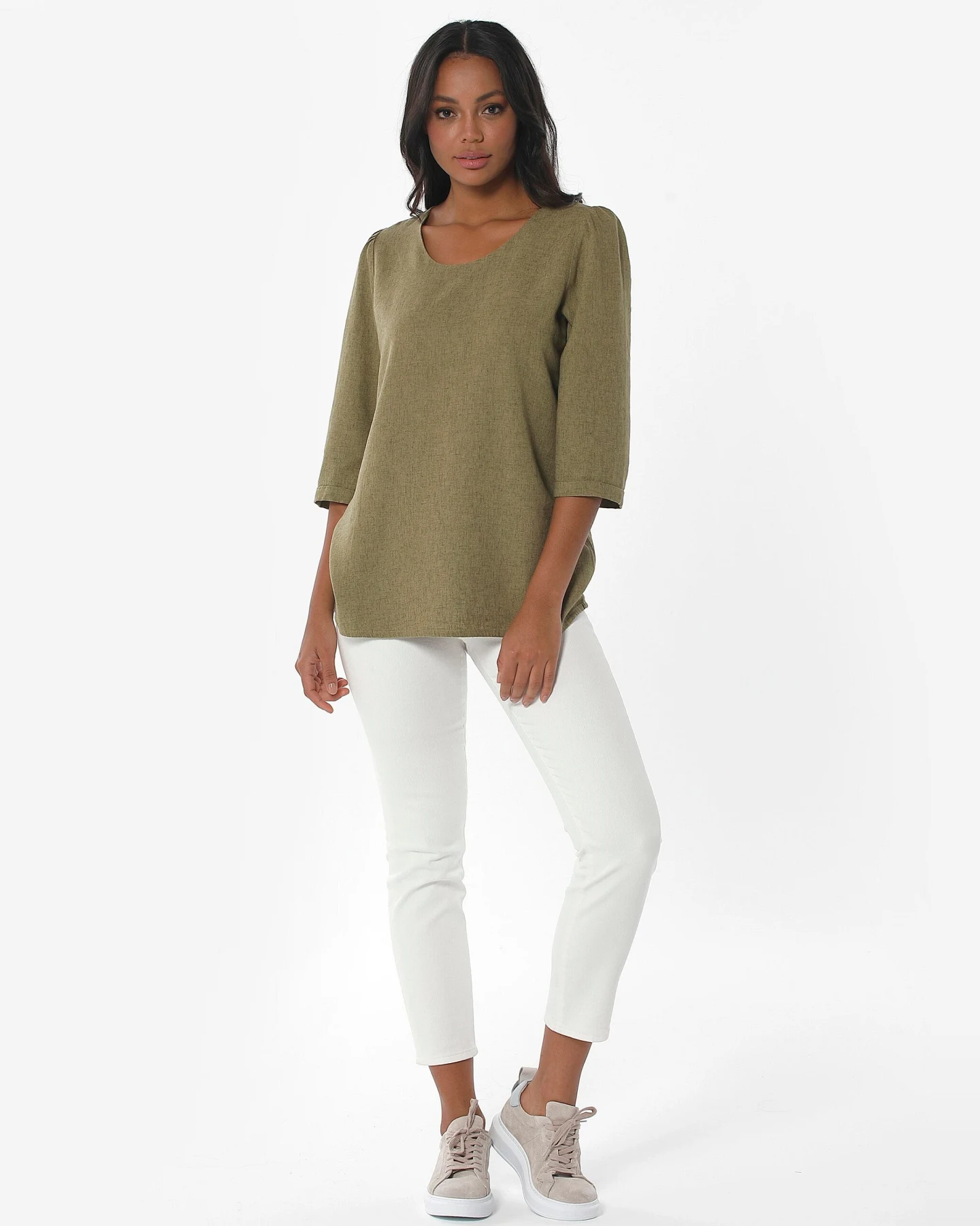 ORGANICATION Damen vegan Bluse 3/4 Ärmel Olivgrün – Ansicht 2