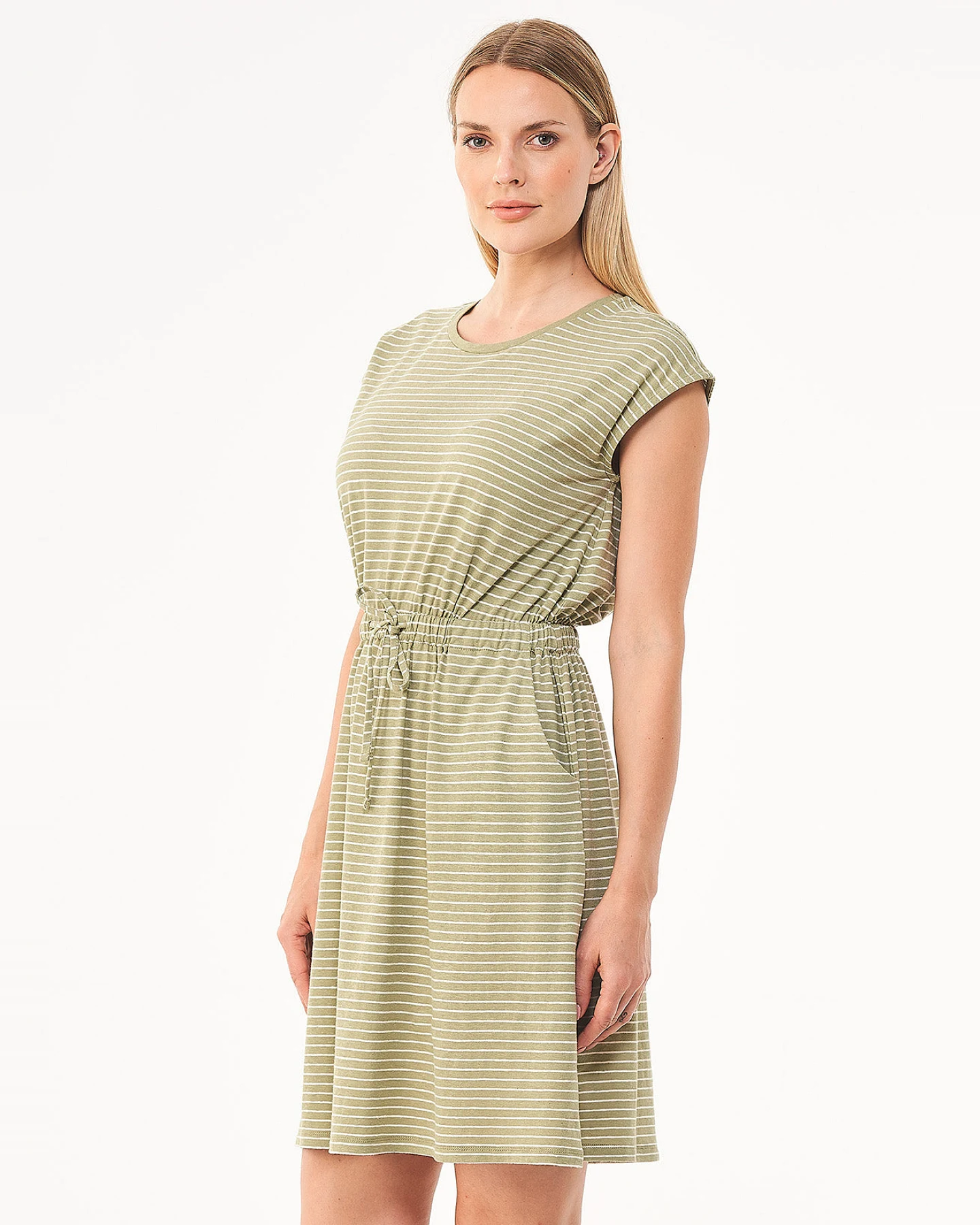 ORGANICATION Damen vegan Gestreiftes Jerseykleid Grün – Ansicht 2