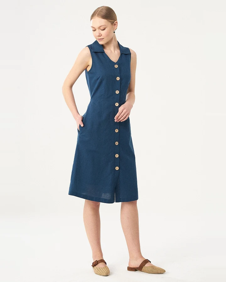 ORGANICATION Damen vegan Hemdkleid Leinen Bio-Baumwolle Blau