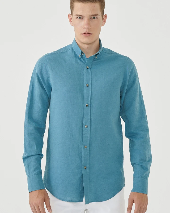 ORGANICATION Herren vegan Hemd Leinen Bio-Baumwolle Blau