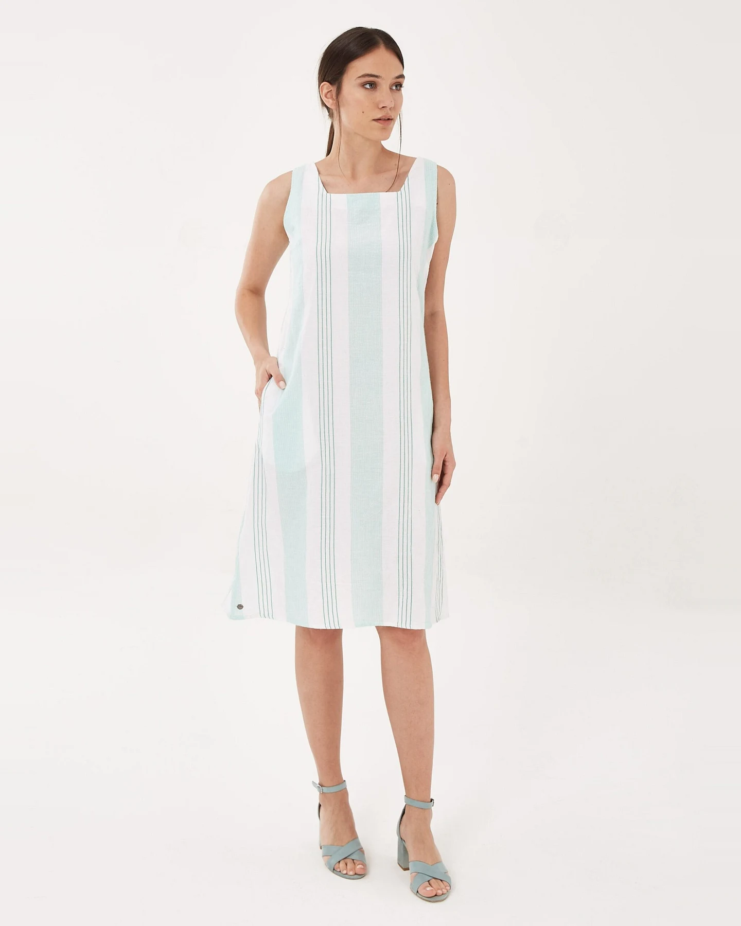 ORGANICATION Damen vegan Kleid Leinenmischung Streifen Grün Weiß – Ansicht 2