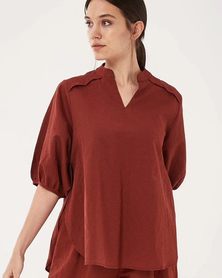 ORGANICATION Damen vegan Bluse Puffärmeln Dunkelrot