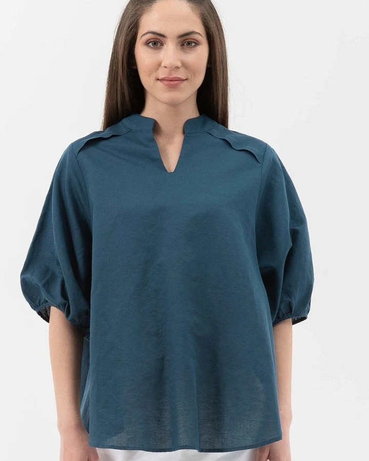 ORGANICATION Damen vegan Bluse V-Ausschnitt Navy