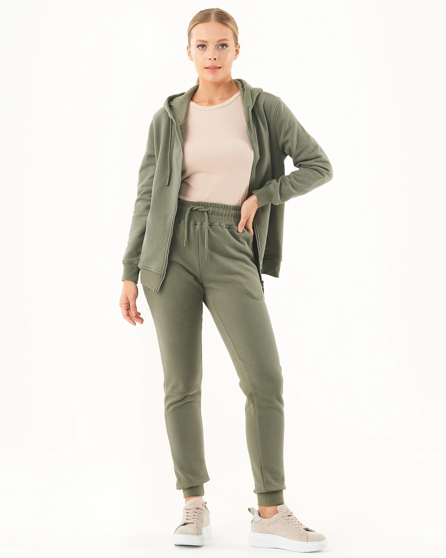 ORGANICATION Damen vegan Soft Touch Zip Hoodie Oliv – Ansicht 2