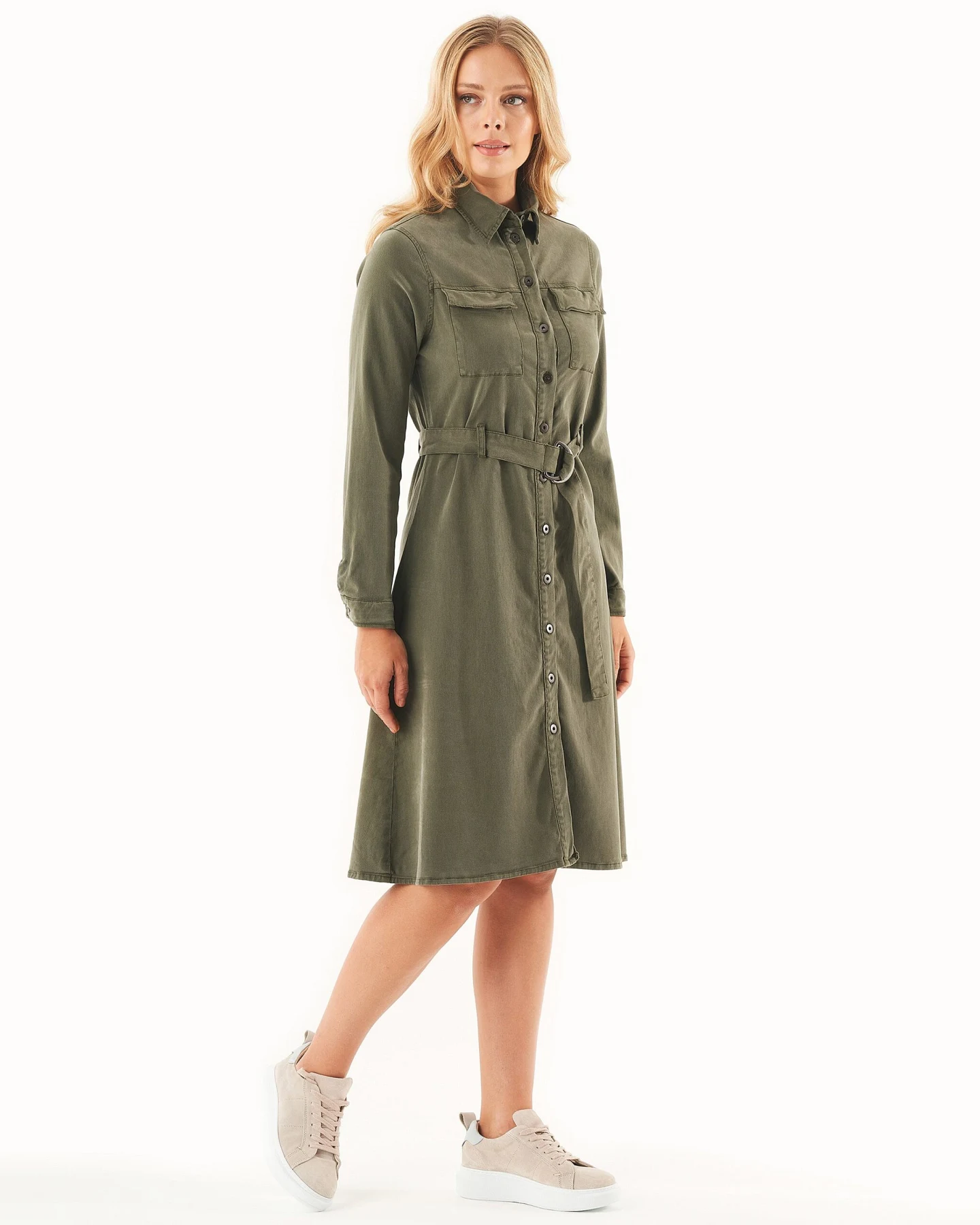 ORGANICATION Damen vegan Hemdblusenkleid Bio-Baumwoll-Mix Oliv – Ansicht 2