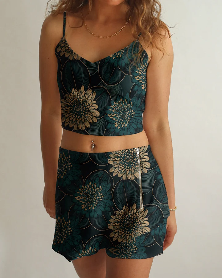 Averie Damen vegan Crop Top Und Shorts Set Nori Pusteblumen Druck Auf Schwarz