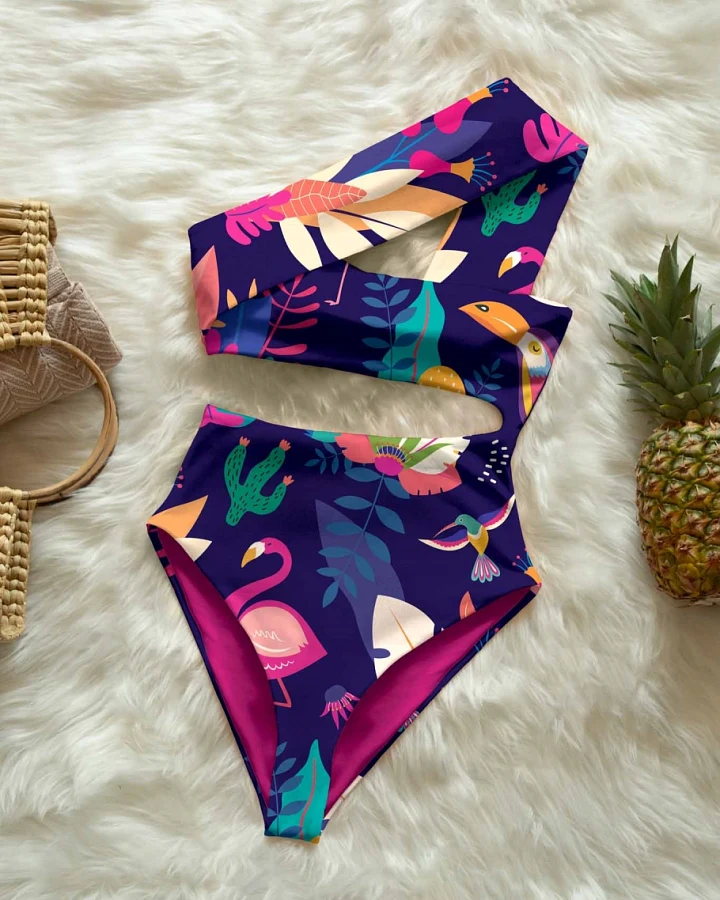 Averie Damen vegan Badeanzug Cut-Out One-Piece Rayne Tropical Wildlife On Deep Purple