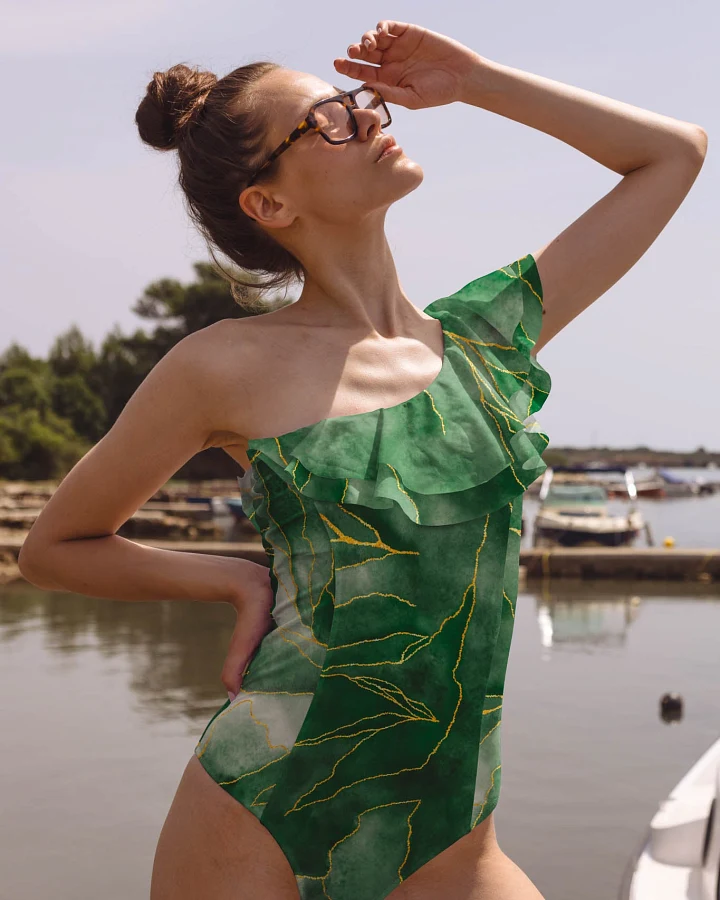 Averie Damen vegan Badeanzug Ruffled One-Piece Jade Gradient Print Grün