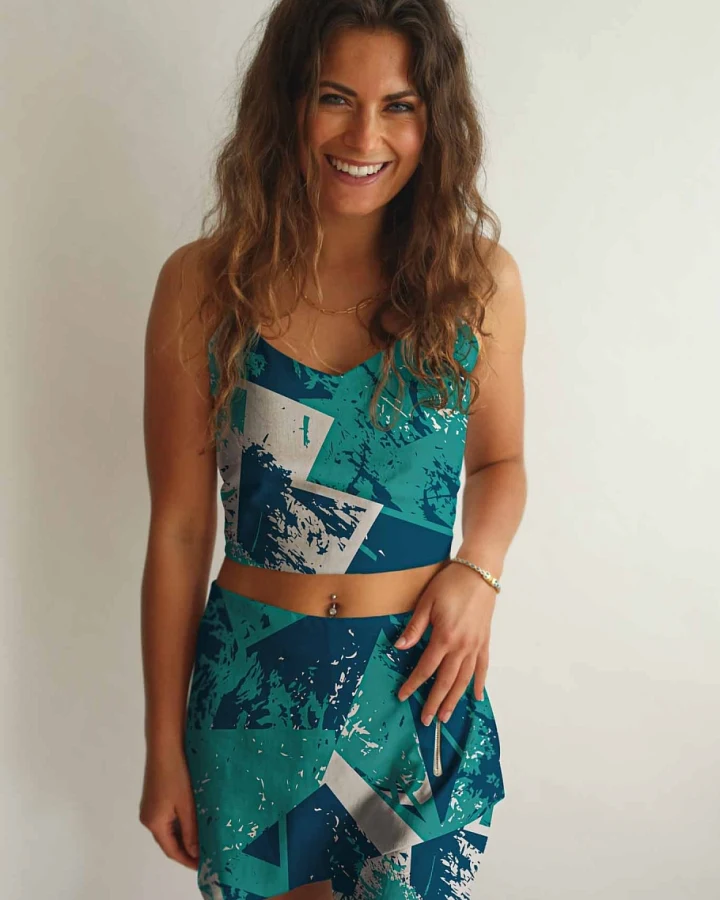 Averie Damen vegan Crop Top Und Shorts Set Antea Aqua Und Blauer Pinsel Druck
