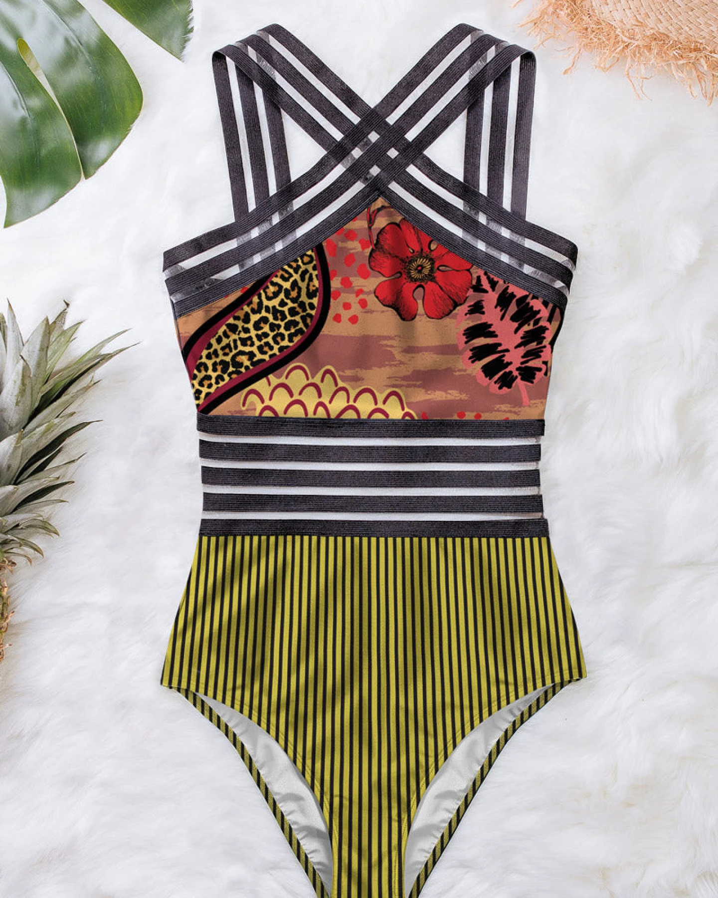 Averie Damen vegan Badeanzug Crossover One-Piece Narelle Rouge Floral And Stripe – Ansicht 2