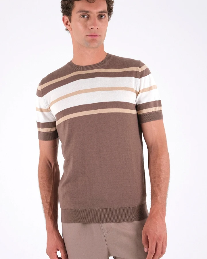 ORGANICATION Herren vegan T-Shirt With Stripes Fine Knit Deep Taupe, Beige & Off White