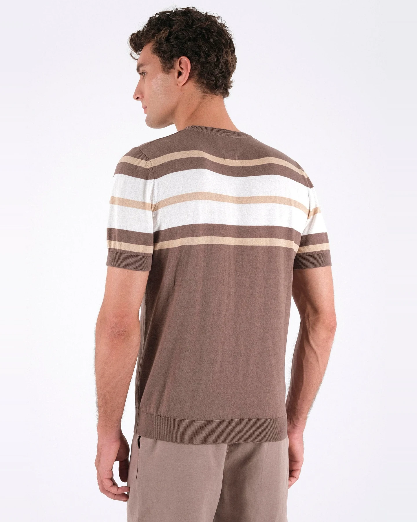 ORGANICATION Herren vegan T-Shirt With Stripes Fine Knit Deep Taupe, Beige & Off White – Ansicht 2