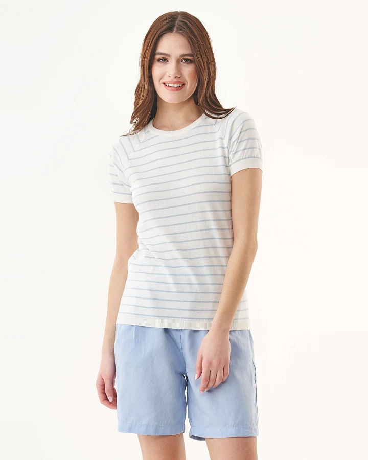 ORGANICATION Damen vegan T-Shirt Mit Streifen Feinstrick Blauer Dunst & Off White