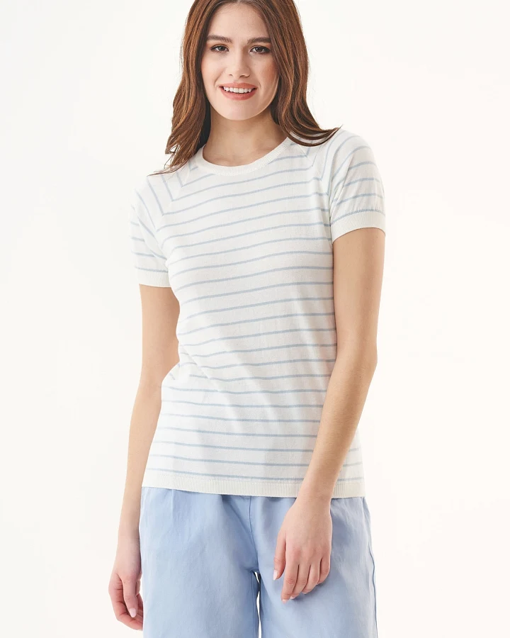 ORGANICATION Damen vegan T-Shirt Mit Streifen Feinstrick Blauer Dunst & Off White
