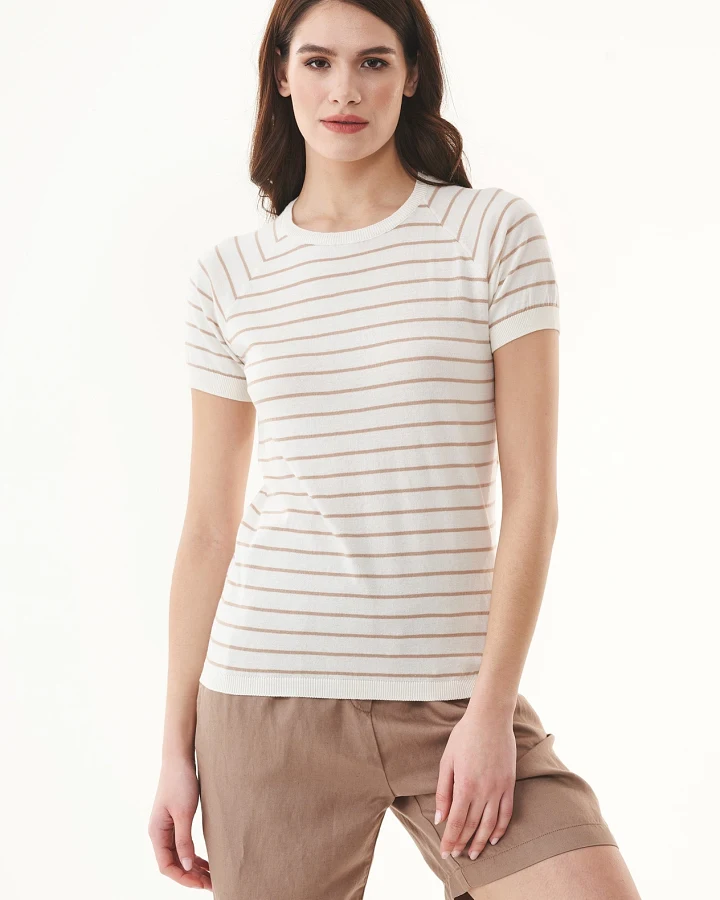 ORGANICATION Damen vegan T-Shirt Mit Streifen Feinstrick Beige & Off White
